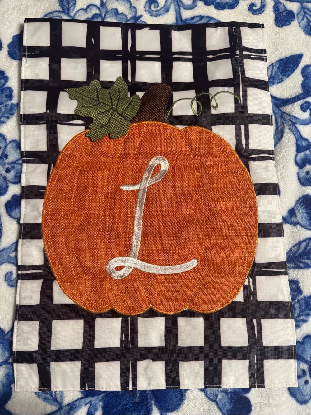 Kirklands Orange Pumpkin Monogram L Fall Flag